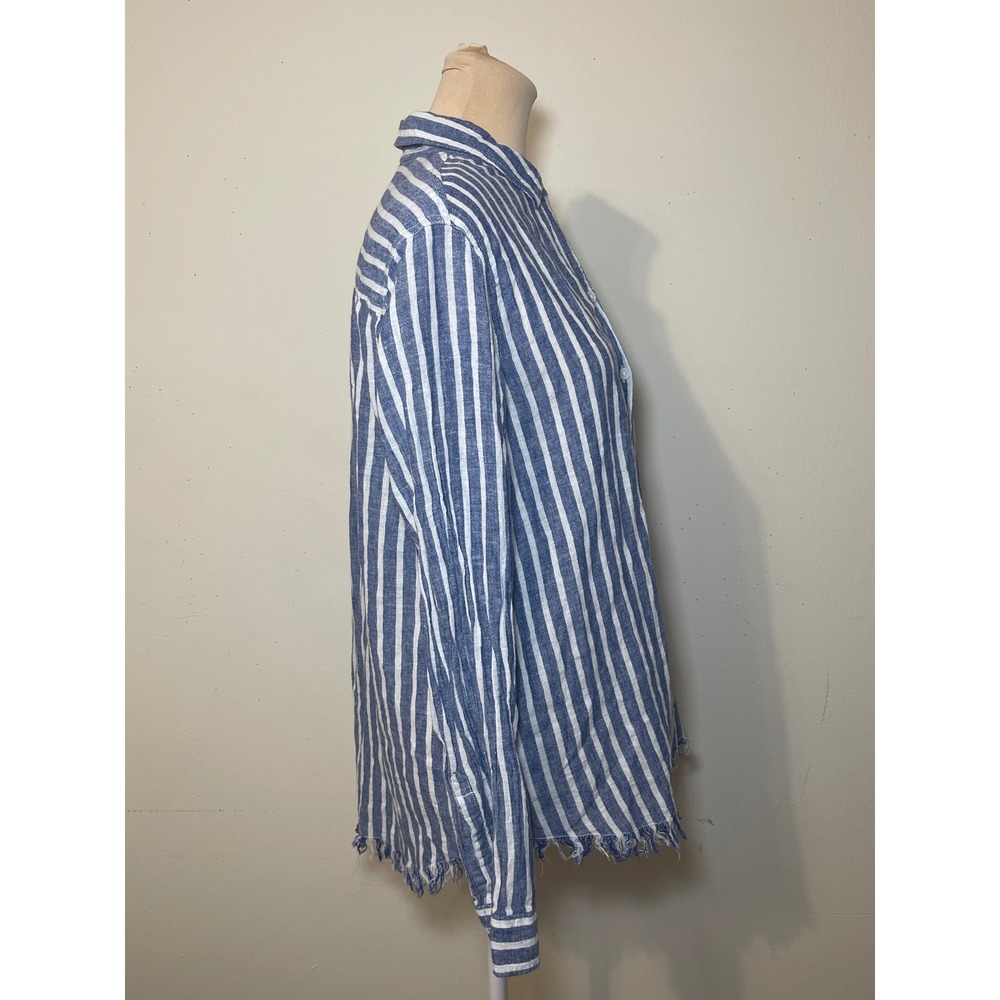 Beachlunchlounge Striped Linen Blend Shirt L Blue Coastal Nautical Casual Preppy - Picture 5 of 8